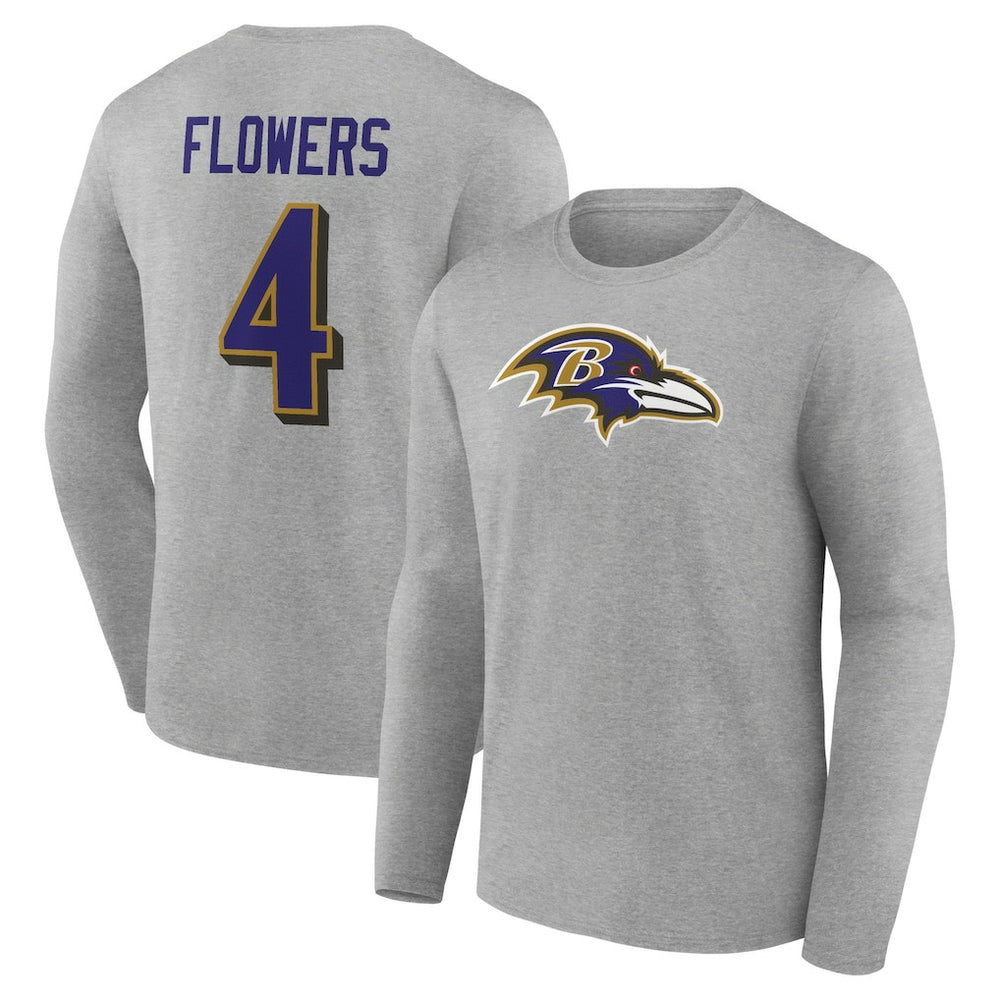 Zay Flowers Baltimore Ravens Icon Player Name & Number Long Sleeve T-Shirt - Gray T-shirts