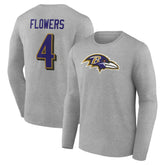 Zay Flowers Baltimore Ravens Icon Player Name & Number Long Sleeve T-Shirt - Gray T-shirts