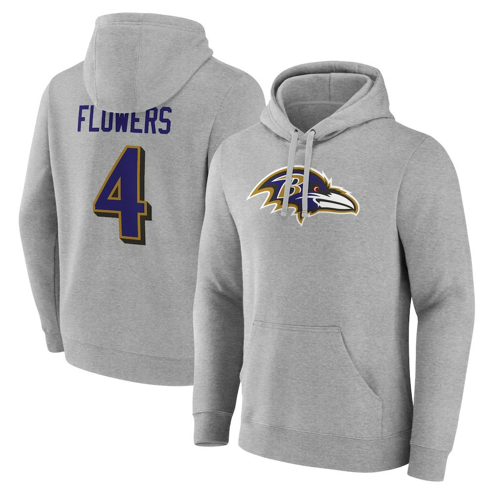 Zay Flowers Baltimore Ravens Icon Player Name & Number Pullover Hoodie - Gray Hoodies