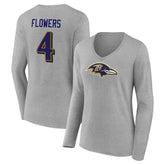 Zay Flowers Baltimore Ravens Women's Icon Player Name & Number Long Sleeve V-Neck T-Shirt - Gray T-shirts