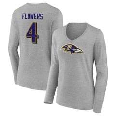 Zay Flowers Baltimore Ravens Women's Icon Player Name & Number Long Sleeve V-Neck T-Shirt - Gray T-shirts
