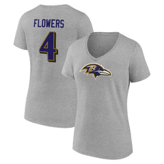 Zay Flowers Baltimore Ravens Women's Icon Player Name & Number V-Neck T-Shirt - Gray T-shirts