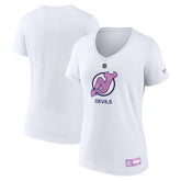 New Jersey Devils Fanatics Women's 2024 Hockey Fights Cancer V-Neck T-Shirt - White | US 201204282