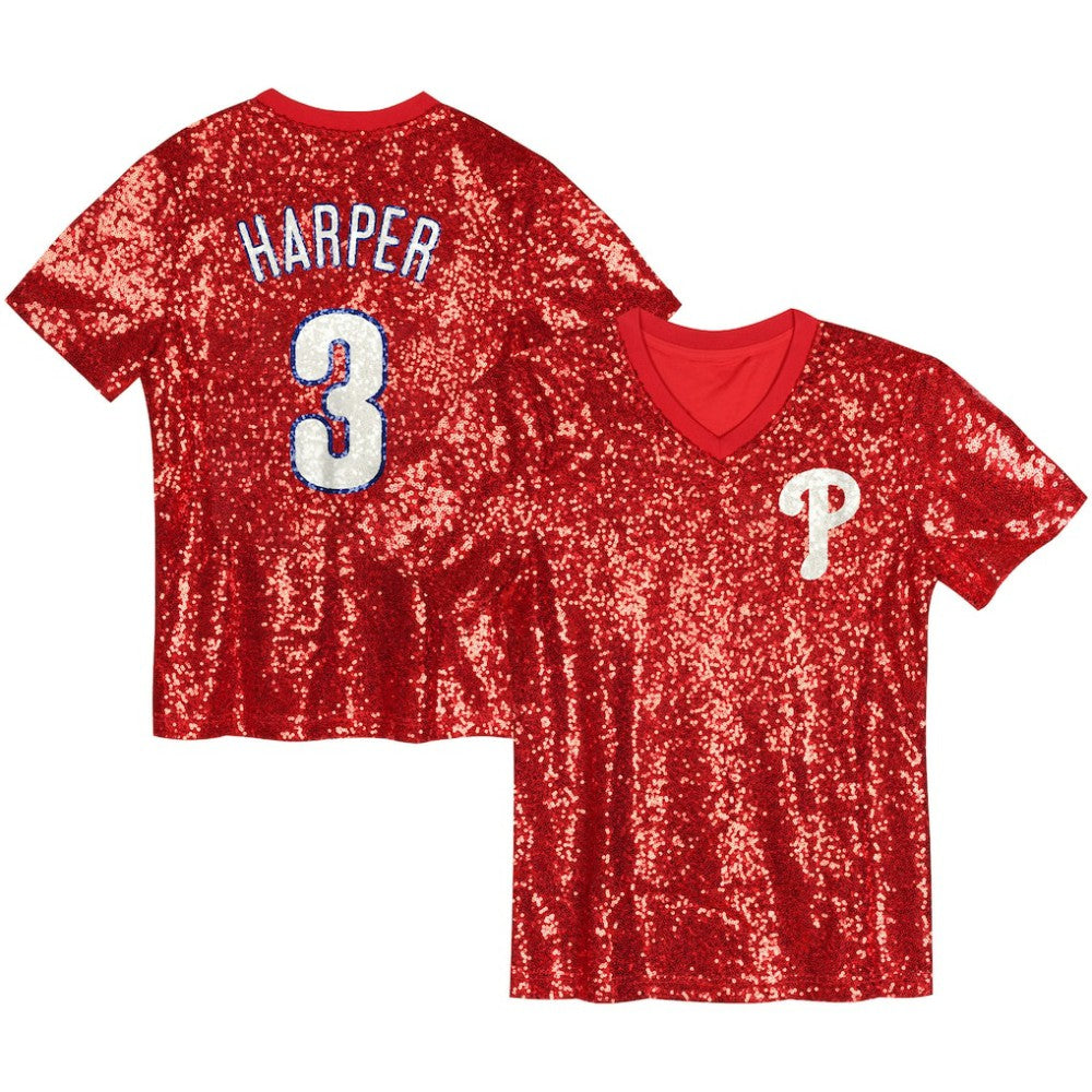 Bryce Harper Philadelphia Phillies Juniors Name & Number Sequin V-Neck Top - Red Tops
