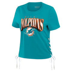 Miami Dolphins WEAR by Erin Andrews Women's Lace Up Side Modest Cropped T-Shirt - Aqua T-shirts