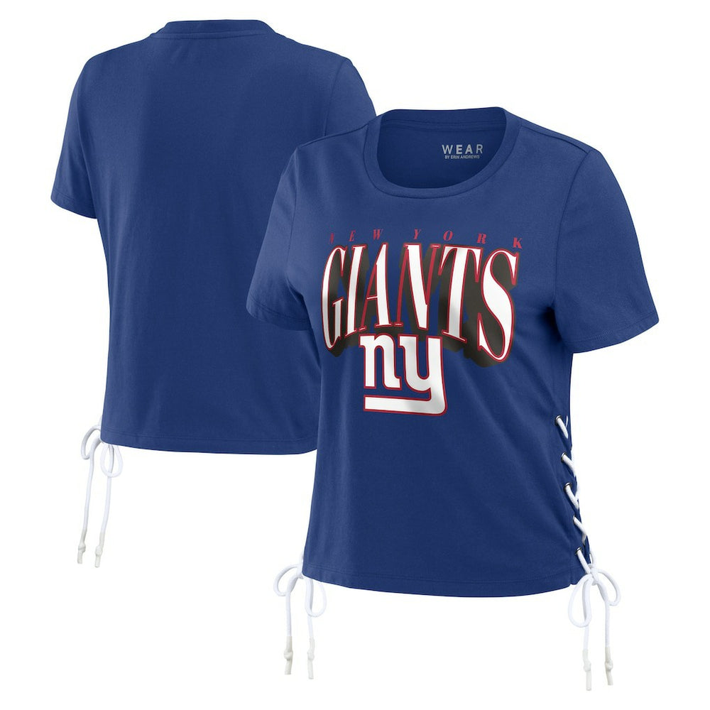 New York Giants WEAR by Erin Andrews Women's Lace Up Side Modest Cropped T-Shirt - Royal T-shirts