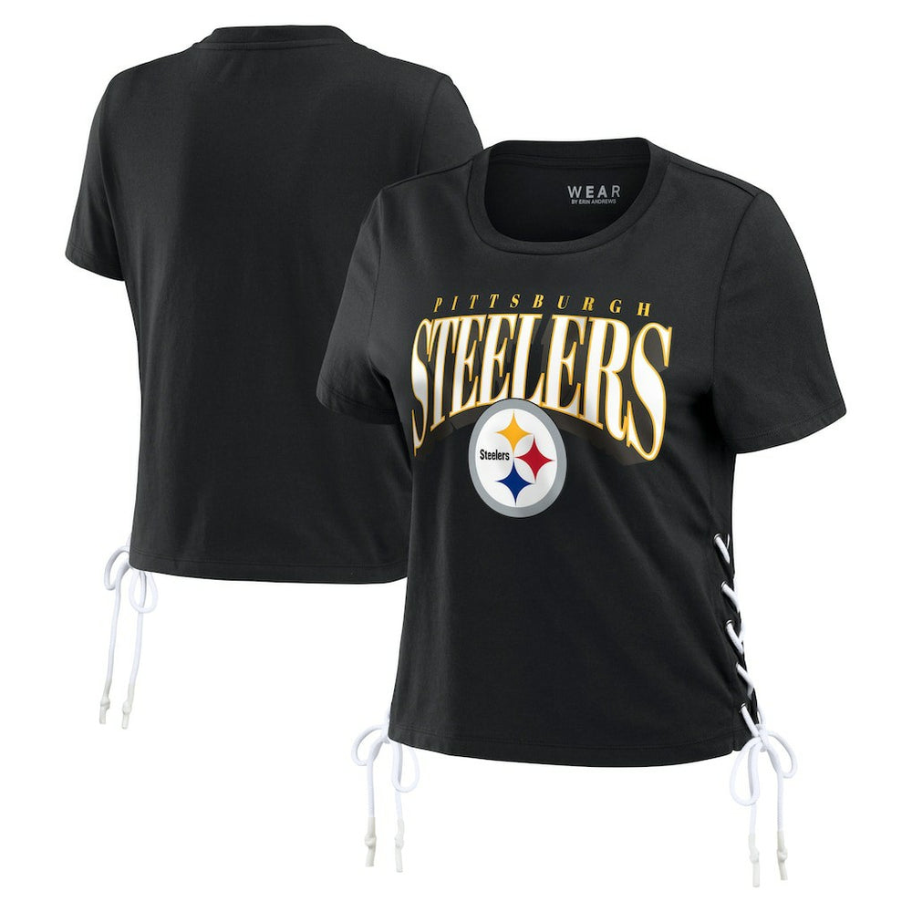 Pittsburgh Steelers WEAR by Erin Andrews Women's Lace Up Side Modest Cropped T-Shirt - Black T-shirts