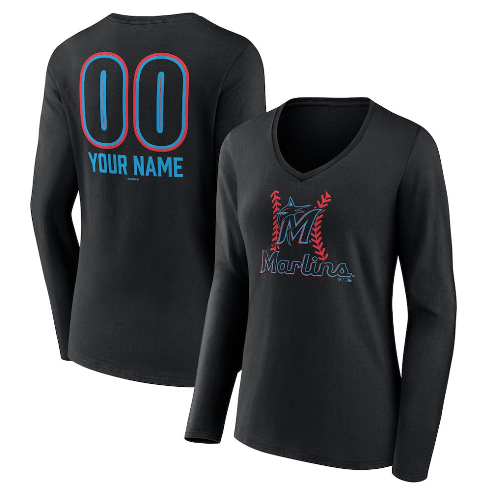 Miami Marlins Women's Personalized Name & Number Fastball Long Sleeve V-Neck T-Shirt - Black T-shirts