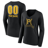 Pittsburgh Pirates Women's Personalized Name & Number Fastball Long Sleeve V-Neck T-Shirt - Black T-shirts