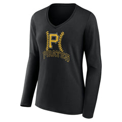 Pittsburgh Pirates Women's Personalized Name & Number Fastball Long Sleeve V-Neck T-Shirt - Black T-shirts