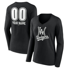 Los Angeles Dodgers Women's Personalized Name & Number Fastball Long Sleeve V-Neck T-Shirt - Black T-shirts