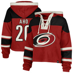 Sebastian Aho Carolina Hurricanes '47 Women's Superior Lacer Cropped Pullover Hoodie - Red | US 201253399