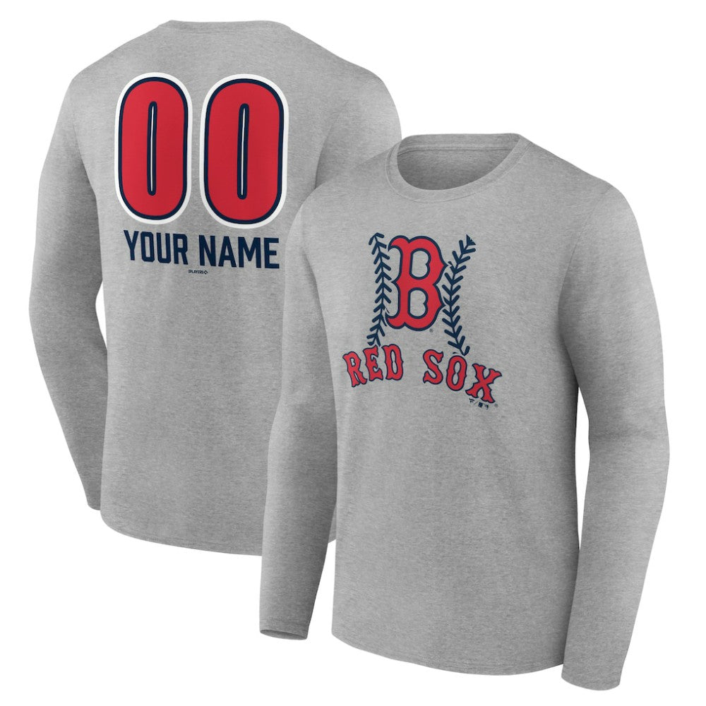Boston Red Sox Personalized Name & Number Fastball Long Sleeve T-Shirt - Gray T-shirts