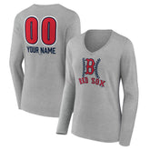 Boston Red Sox Women's Personalized Name & Number Fastball Long Sleeve V-Neck T-Shirt - Gray T-shirts