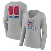 Chicago Cubs Women's Personalized Name & Number Fastball Long Sleeve V-Neck T-Shirt - Gray T-shirts