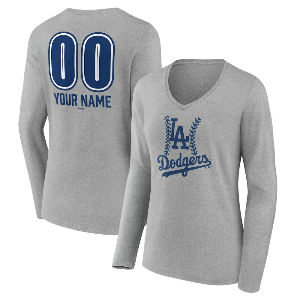 Los Angeles Dodgers Women's Personalized Name & Number Fastball Long Sleeve V-Neck T-Shirt - Gray T-shirts