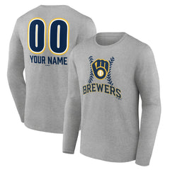 Milwaukee Brewers Personalized Name & Number Fastball Long Sleeve T-Shirt - Gray T-shirts