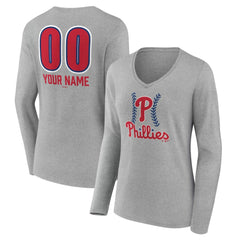 Philadelphia Phillies Women's Personalized Name & Number Fastball Long Sleeve V-Neck T-Shirt - Gray T-shirts