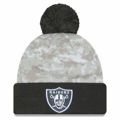 Las Vegas Raiders New Era 2024 Salute To Service Digital Camo Cuffed Knit Hat with Pom - White/Graphite Hats
