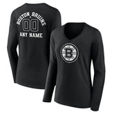 Boston Bruins Women's Personalized Name & Number Monochrome Long Sleeve V-Neck T-Shirt - Black | US 201281431