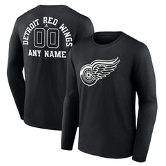 Detroit Red Wings Personalized Name & Number Monochrome Long Sleeve T-Shirt - Black | US 201281476