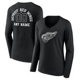 Detroit Red Wings Women's Personalized Name & Number Monochrome Long Sleeve V-Neck T-Shirt - Black | US 201281479