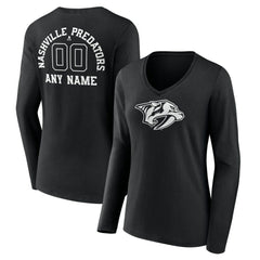 Nashville Predators Women's Personalized Name & Number Monochrome Long Sleeve V-Neck T-Shirt - Black | US 201281515