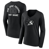 San Jose Sharks Women's Personalized Name & Number Monochrome Long Sleeve V-Neck T-Shirt - Black | US 201281557