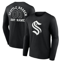 Seattle Kraken Personalized Name & Number Monochrome Long Sleeve T-Shirt - Black | US 201281560