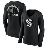 Seattle Kraken Women's Personalized Name & Number Monochrome Long Sleeve V-Neck T-Shirt - Black | US 201281563