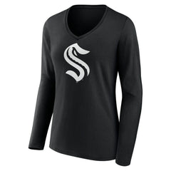 Seattle Kraken Women's Personalized Name & Number Monochrome Long Sleeve V-Neck T-Shirt - Black | US 201281563
