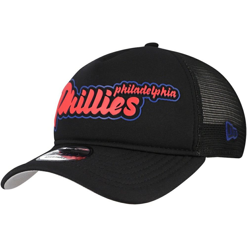 Philadelphia Phillies New Era Retro Bold A-Frame Trucker 9FORTY Adjustable Hat - Black Hats