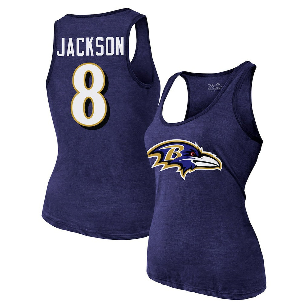 Lamar Jackson Baltimore Ravens Majestic Threads Women's Name & Number Tri-Blend Tank Top - Purple Tops