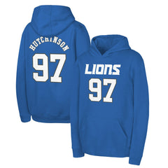 Aidan Hutchinson Detroit Lions Youth Mainliner Player Name & Number Pullover Hoodie - Blue Hoodies