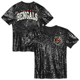 Cincinnati Bengals Girls Youth Wordmark Sequin V-Neck Top - Black Tops