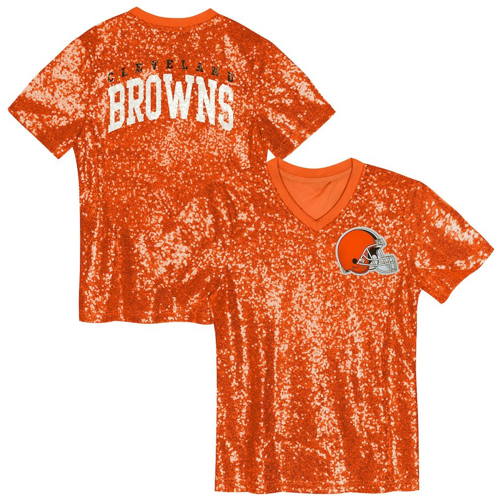 Cleveland Browns Girls Youth Wordmark Sequin V-Neck Top - Orange Tops