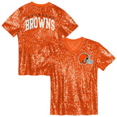 Cleveland Browns Girls Youth Wordmark Sequin V-Neck Top - Orange Tops
