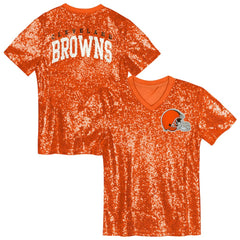 Cleveland Browns Girls Youth Wordmark Sequin V-Neck Top - Orange Tops