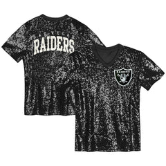 Las Vegas Raiders Girls Youth Wordmark Sequin V-Neck Top - Black Tops