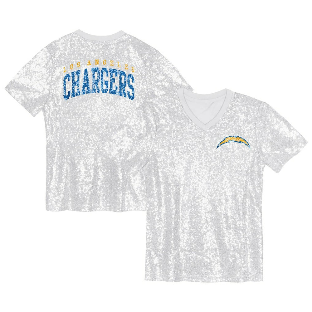 Los Angeles Chargers Girls Youth Wordmark Sequin V-Neck Top - White Tops
