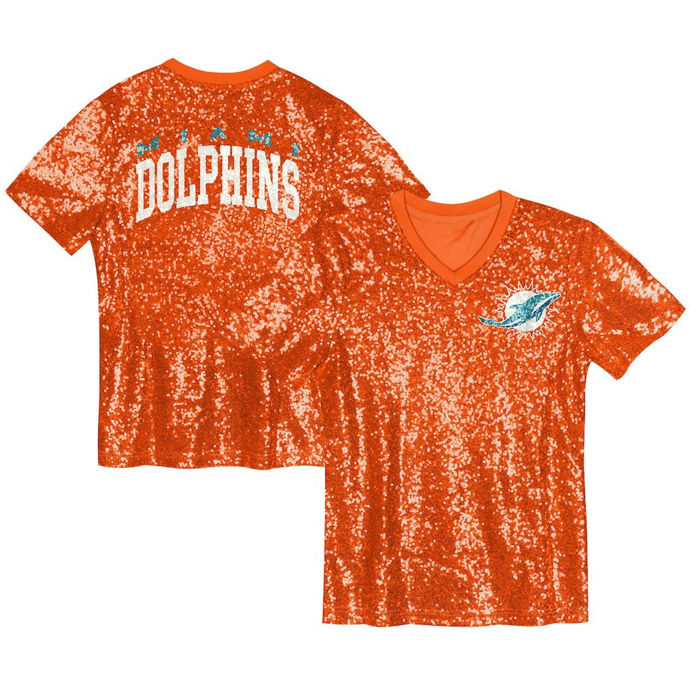 Miami Dolphins Girls Youth Wordmark Sequin V-Neck Top - Orange Tops