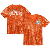 Miami Dolphins Girls Youth Wordmark Sequin V-Neck Top - Orange Tops