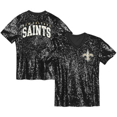 New Orleans Saints Girls Youth Wordmark Sequin V-Neck Top - Black Tops
