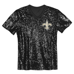 New Orleans Saints Girls Youth Wordmark Sequin V-Neck Top - Black Tops