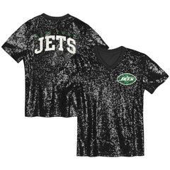 New York Jets Girls Youth Wordmark Sequin V-Neck Top - Black Tops
