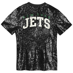 New York Jets Girls Youth Wordmark Sequin V-Neck Top - Black Tops