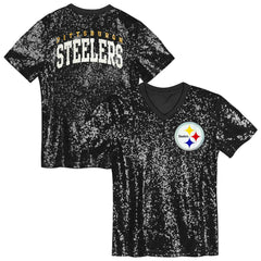 Pittsburgh Steelers Girls Youth Wordmark Sequin V-Neck Top - Black Tops