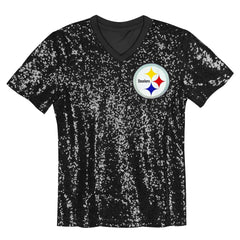 Pittsburgh Steelers Girls Youth Wordmark Sequin V-Neck Top - Black Tops