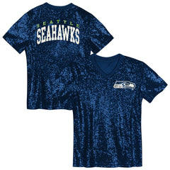 Seattle Seahawks Girls Youth Wordmark Sequin V-Neck Top - College Navy Tops