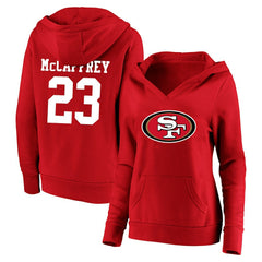 Christian McCaffrey San Francisco 49ers Women's Plus Size Player Name & Number V-Neck Pullover Hoodie - Scarlet Hoodies